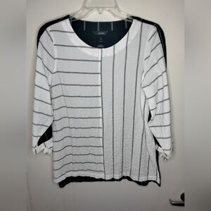 Ali Miles (Sz M) Black & White Striped Stretch Tie Cuff 3/4 Sleeve Tunic Blouse